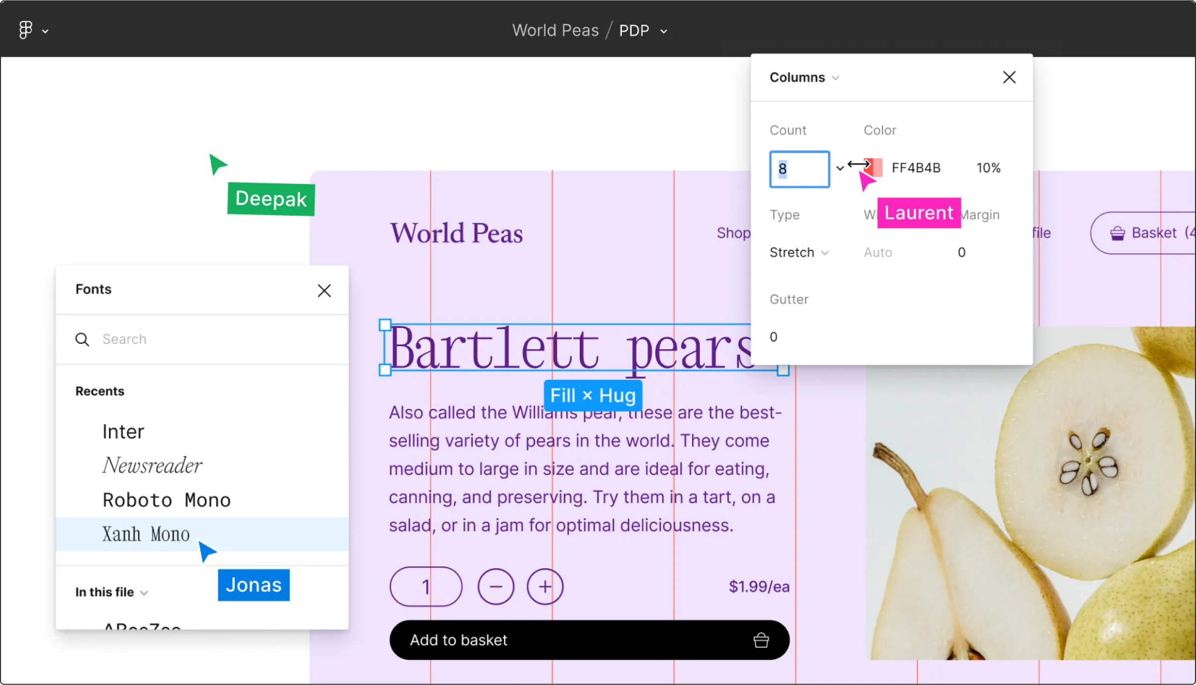 Figma design editor showing collaborative editing of a product page with live cursors