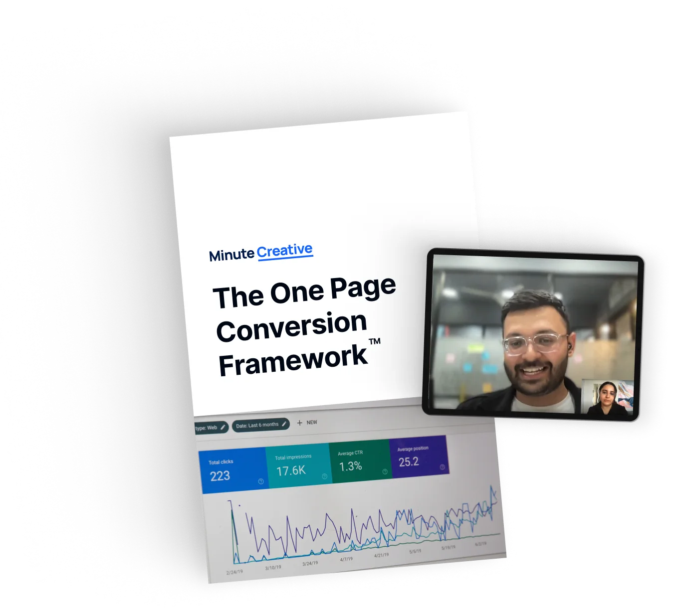 Minute Creative The One Page Conversion Framework document featuring Google Search Console analytics and video call