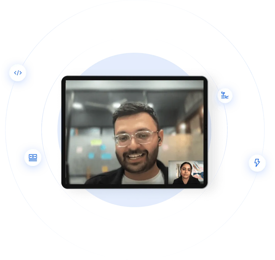 Tablet showing a video call with service icons around it
