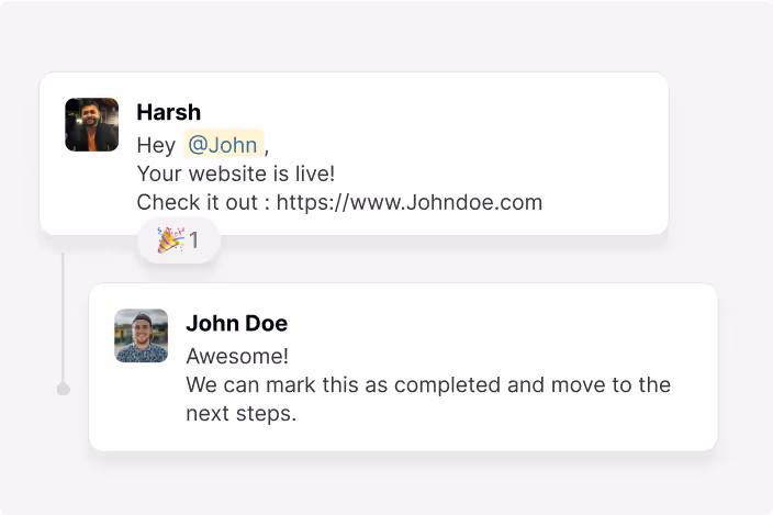 Chat conversation showing a website launch notification to a client