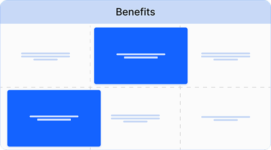 Benefits diagram showing six text placeholders in a 2x3 grid with two highlighted blocks