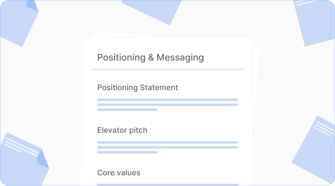 Positioning and messaging document with sections for positioning statement, elevator pitch, and core values