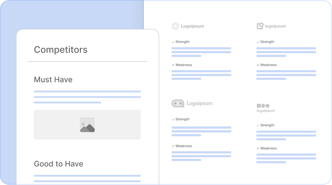 Competitors comparison chart listing must-have and good-to-have features with strengths and weaknesses