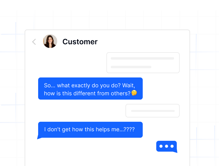 Chat showing a customer inquiring what the product does and how it differs from competitors