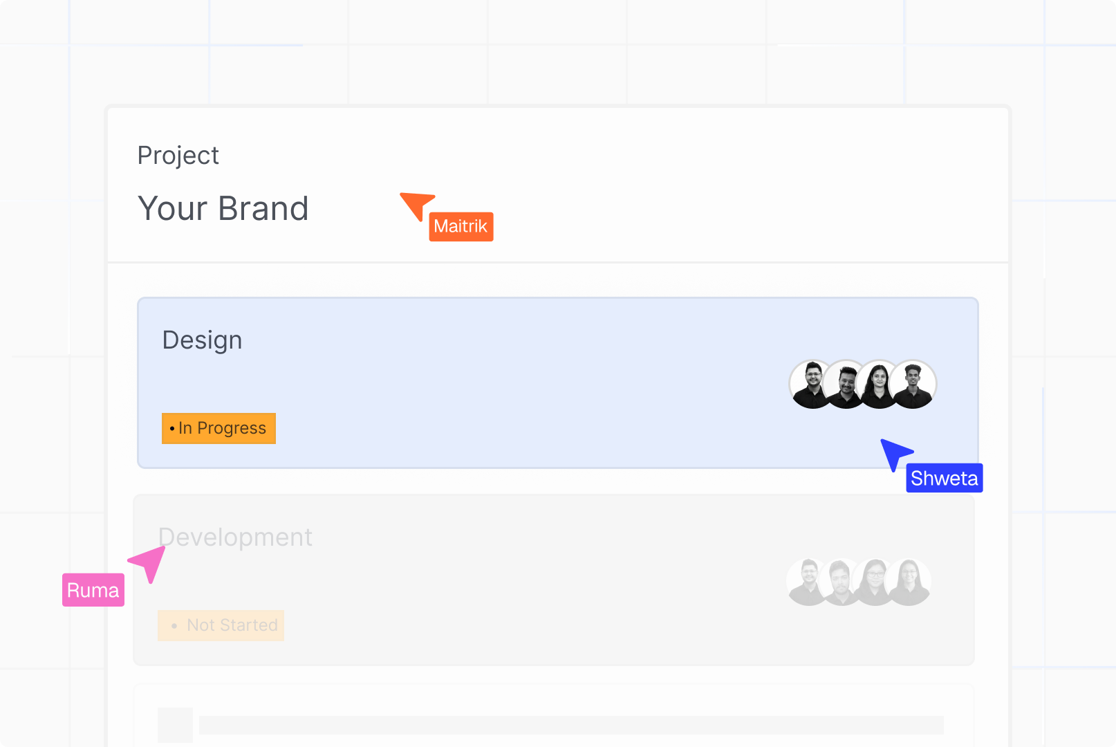 Project board showing design in progress and development not started with team members assigned