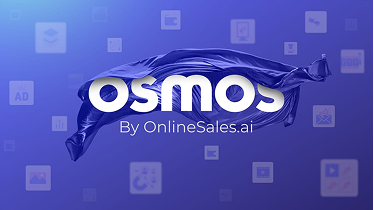 Osmos blue silky wave logo with the text 'By OnlineSales.ai' on a blue background.