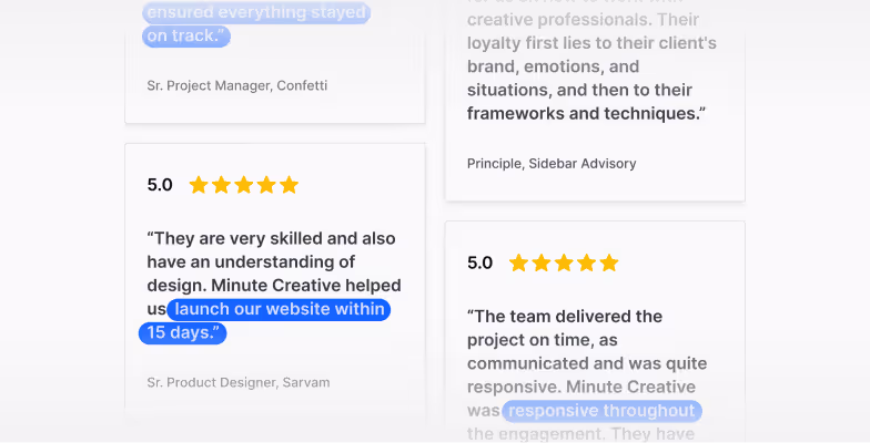 Client reviews praising Minute Creative for design skills and fast website launch