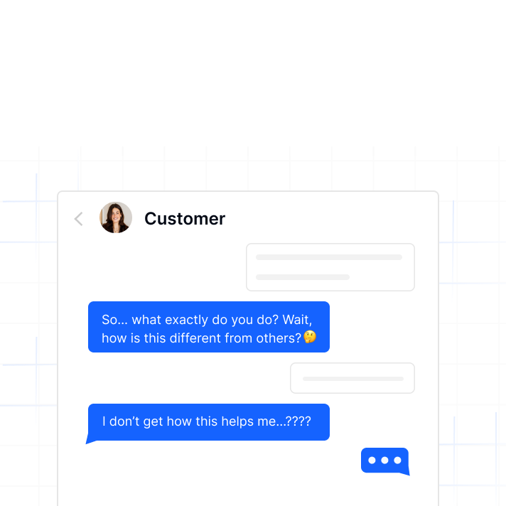 Chat showing a customer inquiring what the product does and how it differs from competitors