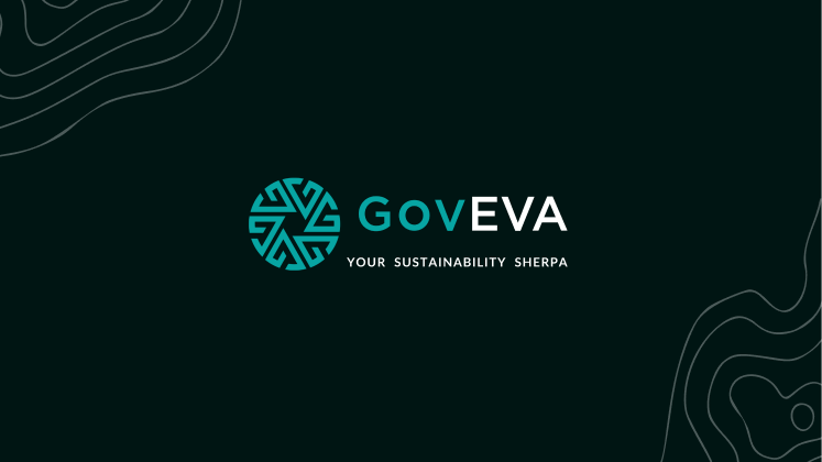 GovEVA logo with teal geometric icon and text Your Sustainability Sherpa on dark background.