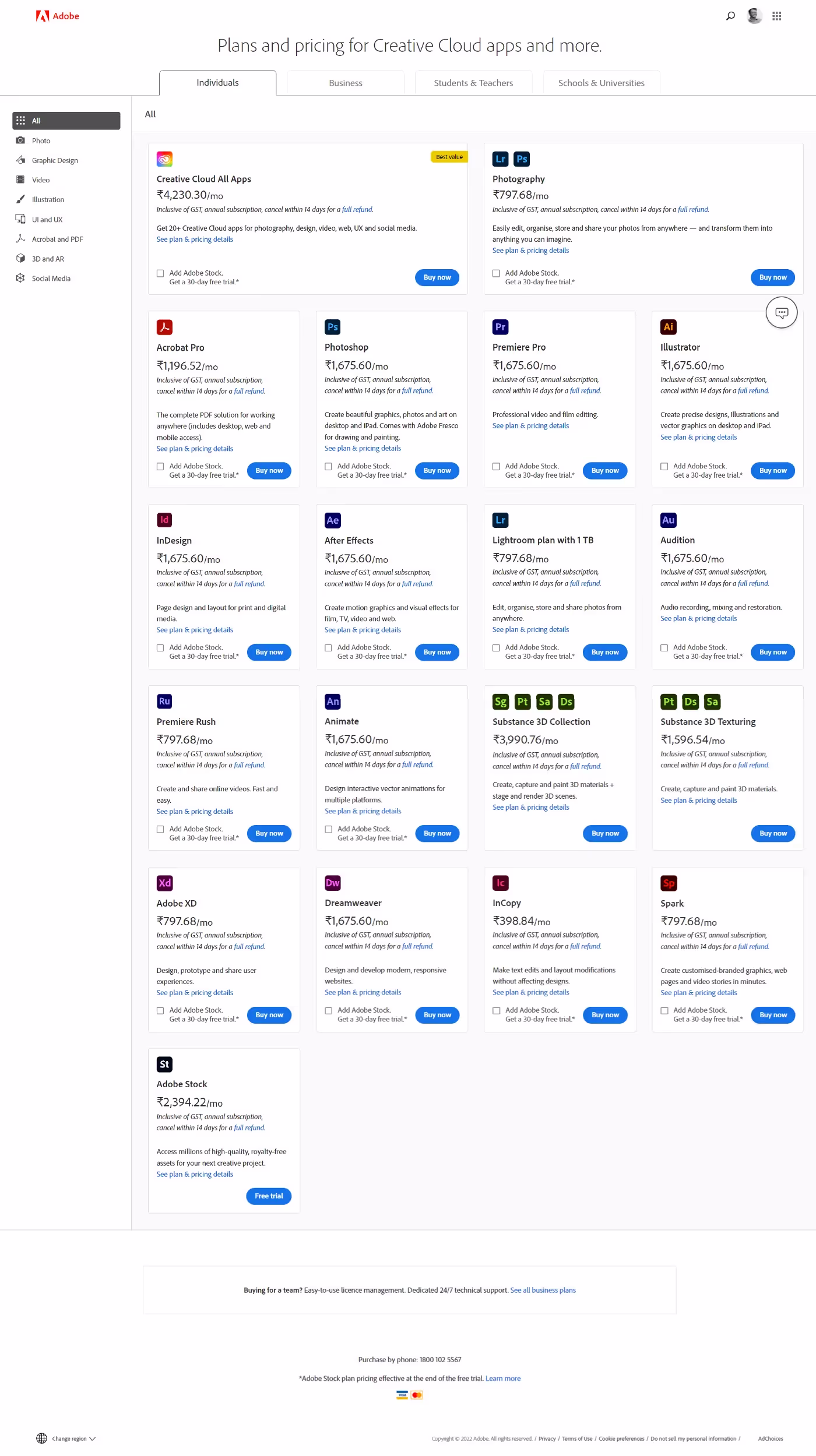 Individual plan for a single person who want to use single/ all adobe apps