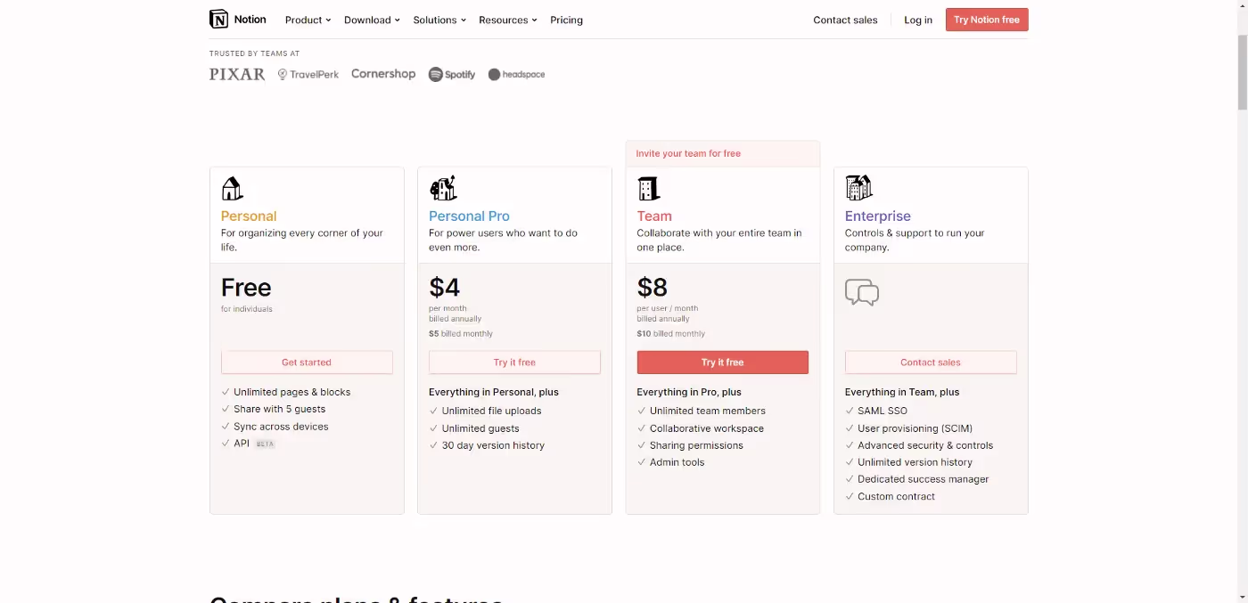 notion pricing plans for free, personal, team & enterprise