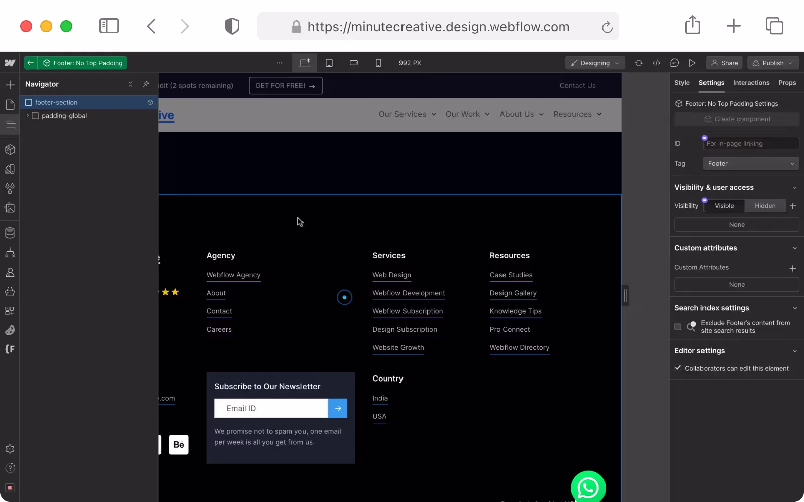 footer semantic tag in webflow