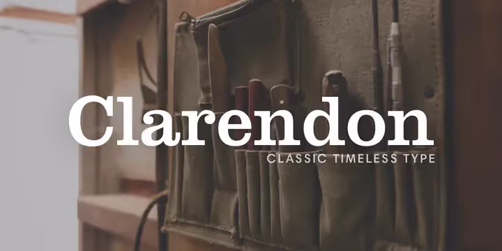 Clarendon typeface sample text of white color on background image of toolkit hang on door