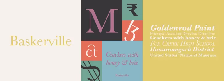 Bakerville typeface sample text in yellow color over white bacckground