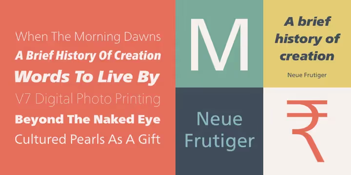 Neue Frutiger sample text written of white color and orange background