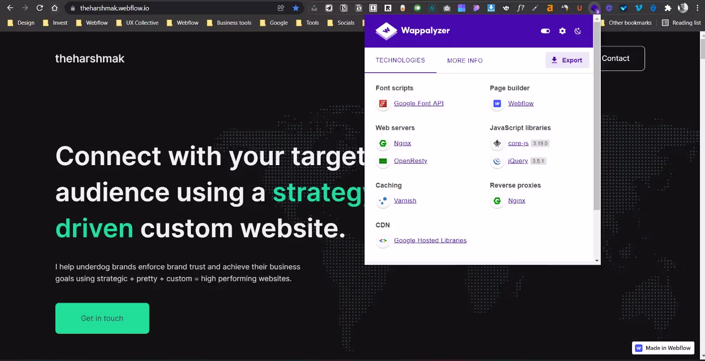 theharshmak website hero section photo with an overlay of wappalyzer plugin usage