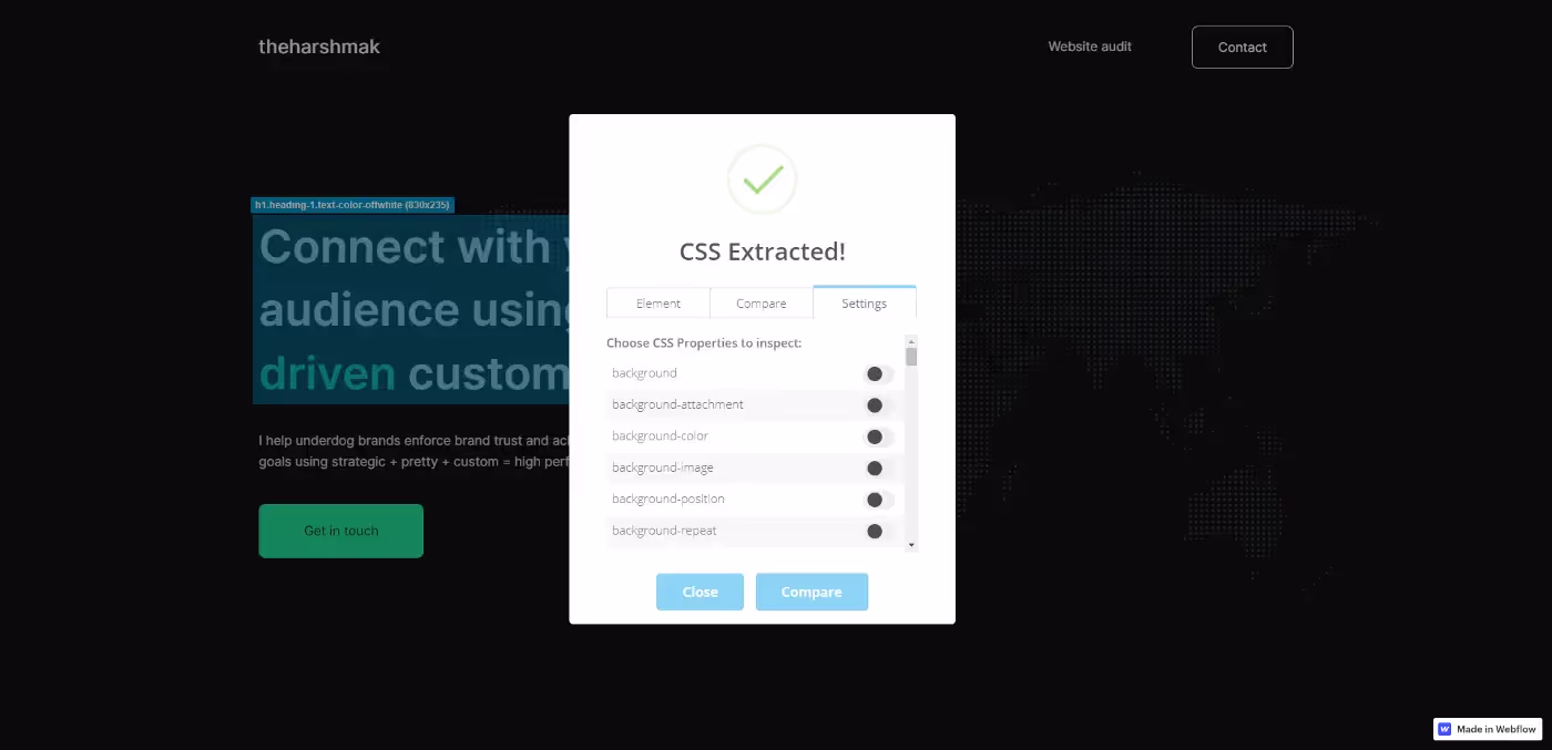 CSS Spy shows the style of hero section heading in theharshmak website