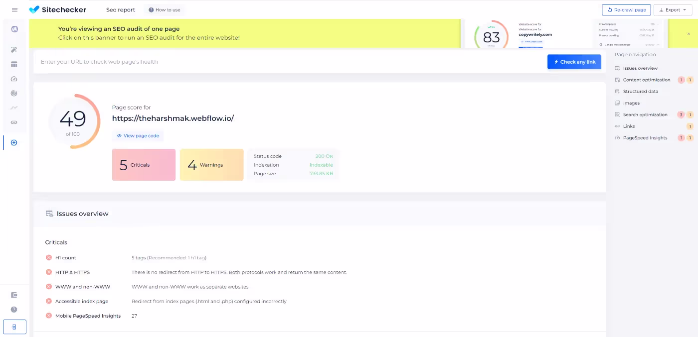 SEO report of theharshmak website from sitechecker plugin