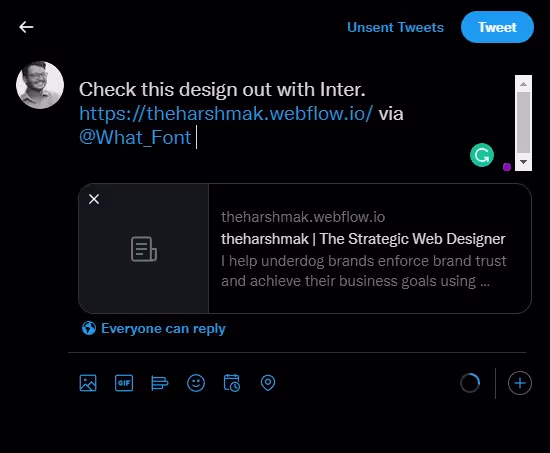 Shared view of theharshmak website to twitter to show people font used in a website with the help of WhatFont plugin