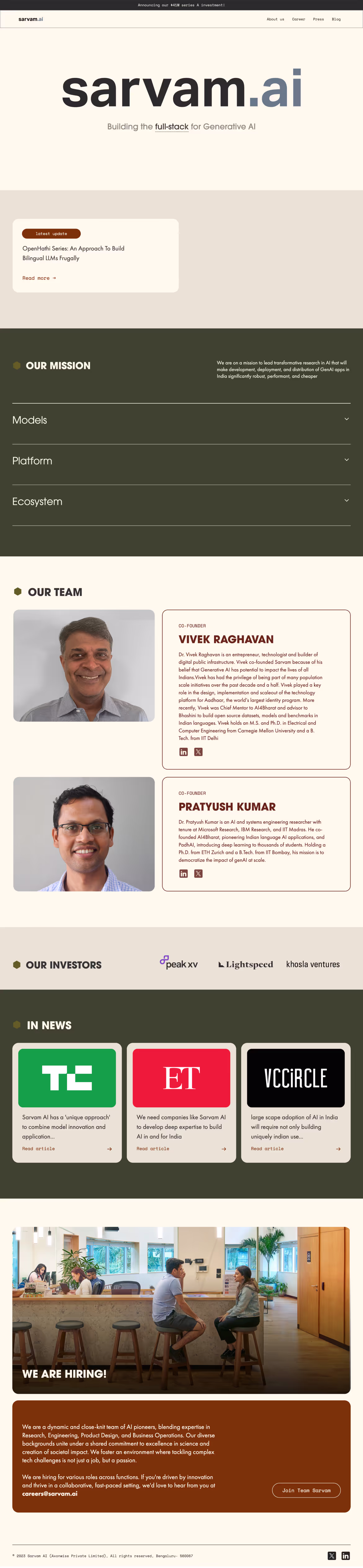 Sarvam AI website before transformation