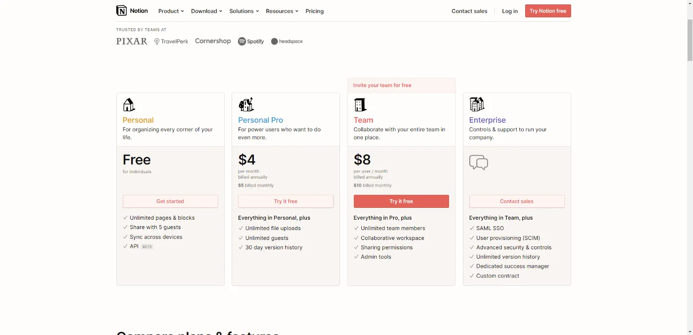 notion pricing plans for free, personal, team & enterprise