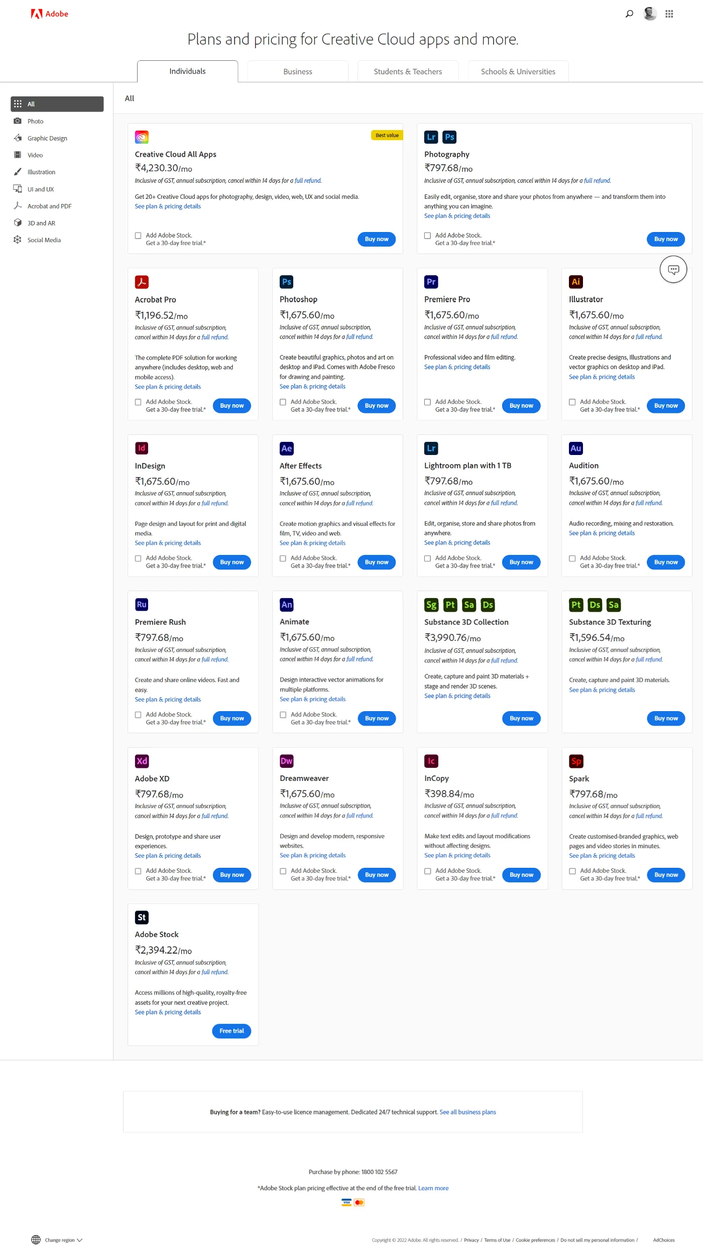 Individual plan for a single person who want to use single/ all adobe apps