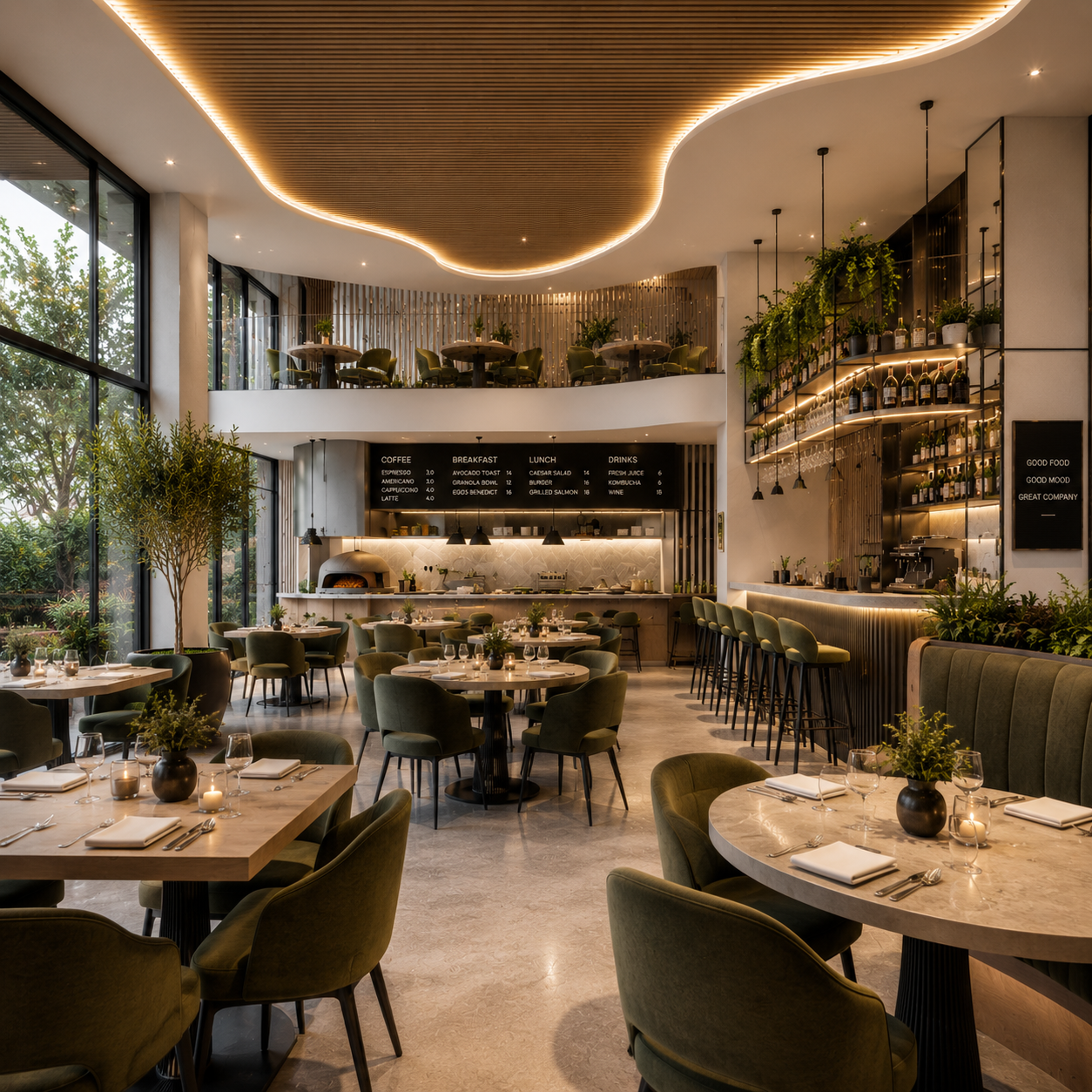 Completed commercial hospitality fitout with open kitchen and bar