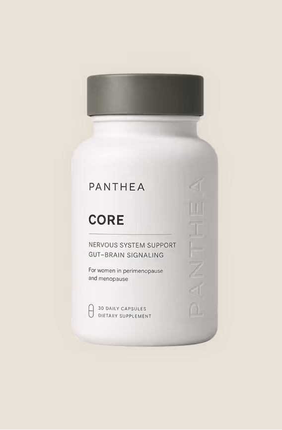 White Panthea Core supplement bottle with dark gray lid, supporting nervous system and gut-brain signaling for women.