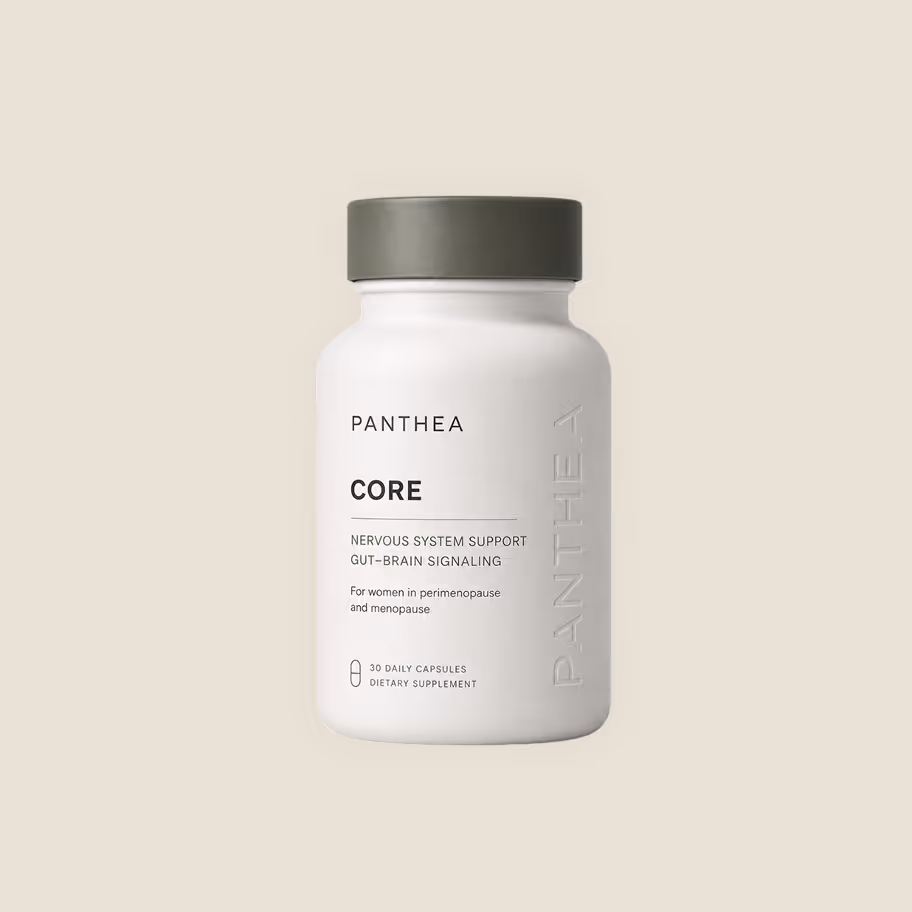 White bottle of Panthea Core dietary supplement for nervous system support and gut-brain signaling.