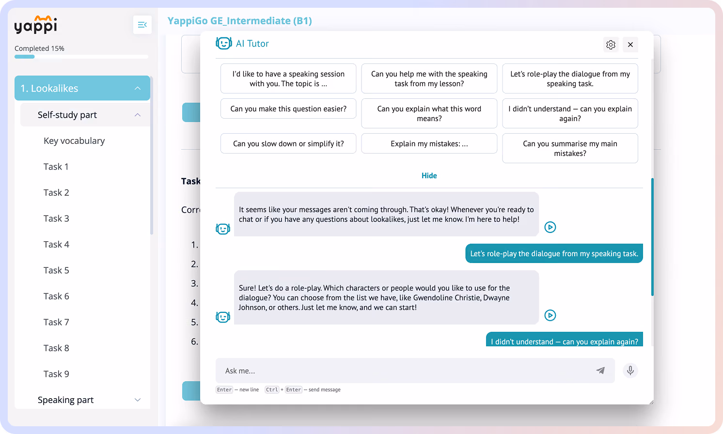 Chat interface with AI tutor offering speaking task help, role-play options, and message input field.