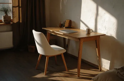 A wooden desk and chair illuminated by natural sunlight from the side, showcasing warm textures and thoughtful architectural lighting design.