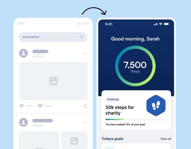 From concept to product: fitness app interface designed to help users track activity and complete challenges.