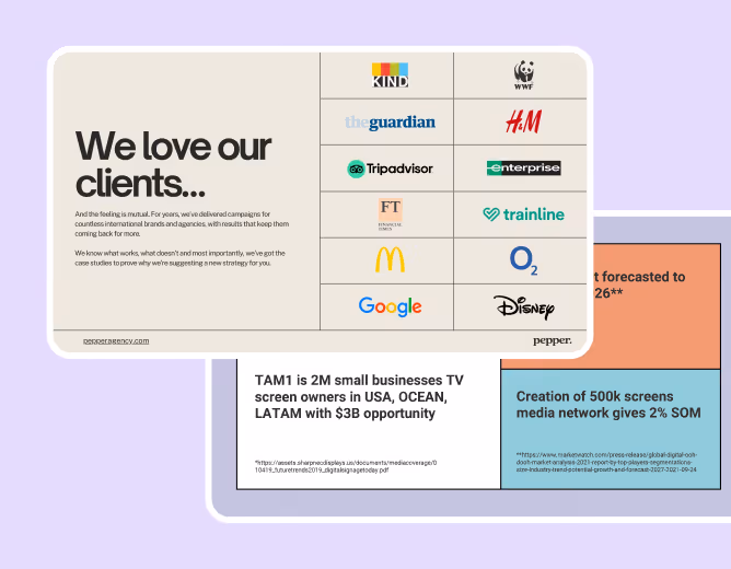 Examples of investor pitch deck designs created for startups and growing businesses.