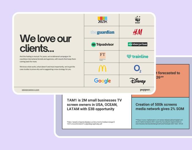Examples of investor pitch deck designs created for startups and growing businesses.
