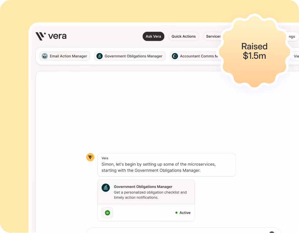 Dashboard interface designed for Vera, enabling businesses to manage government obligations and automate key tasks through AI-powered services.