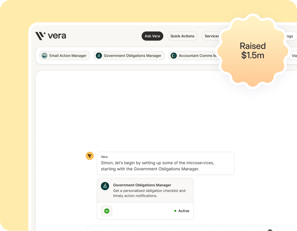Dashboard interface designed for Vera, enabling businesses to manage government obligations and automate key tasks through AI-powered services.