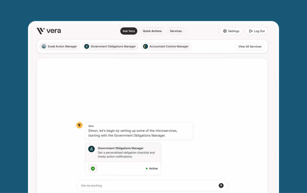 Dashboard interface designed for Vera, featuring AI-powered business tools and government obligation management.