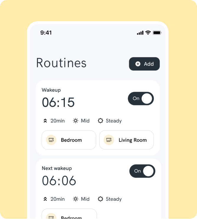 Smart home app interface for controlling automated window blinds and daily routines.