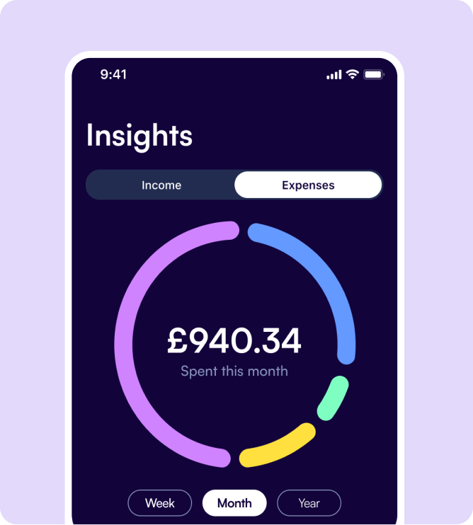Personal finance app interface displaying monthly spending insights and expense tracking.