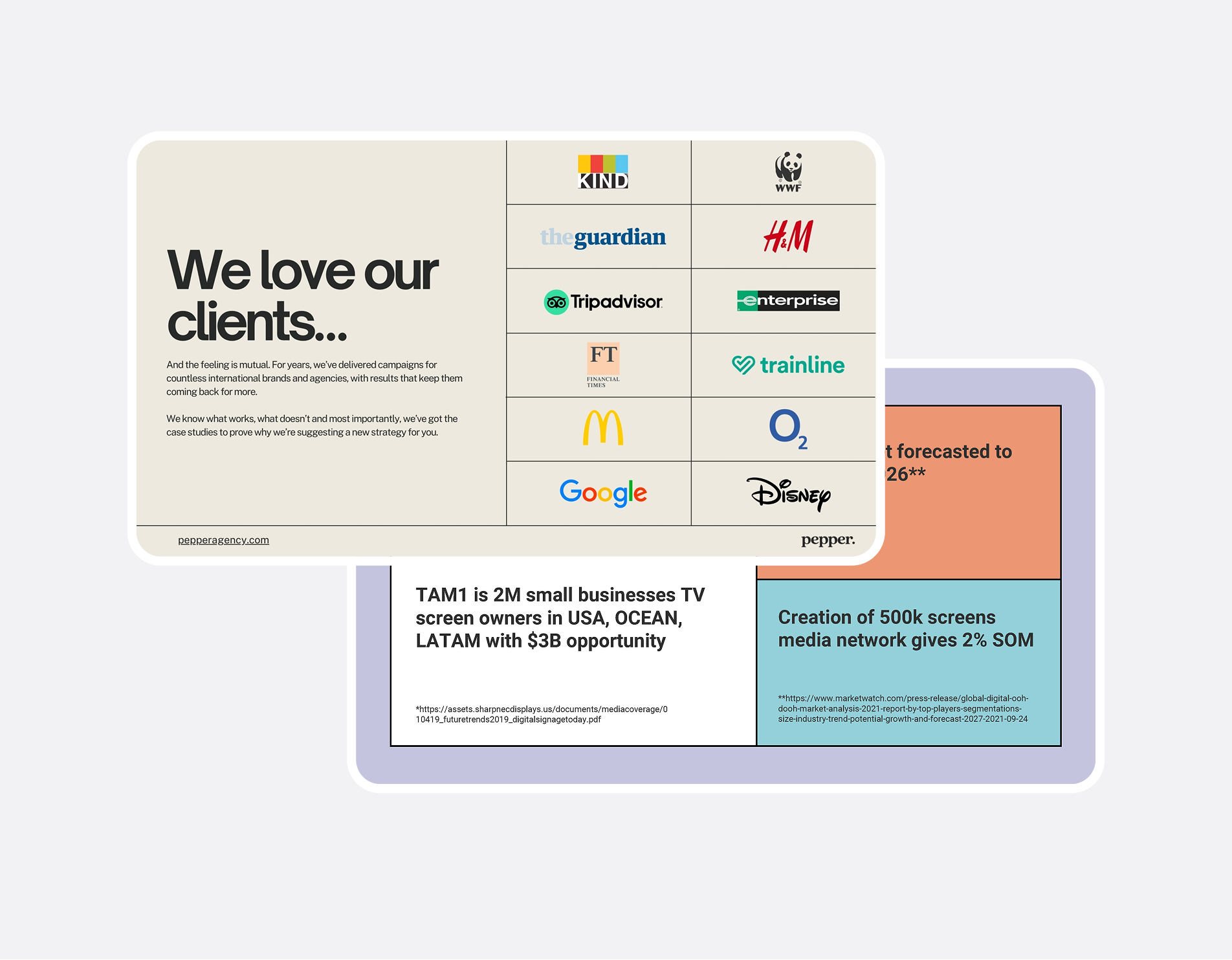 Examples of pitch deck designs created to help startups and businesses present their ideas, results and growth opportunities.