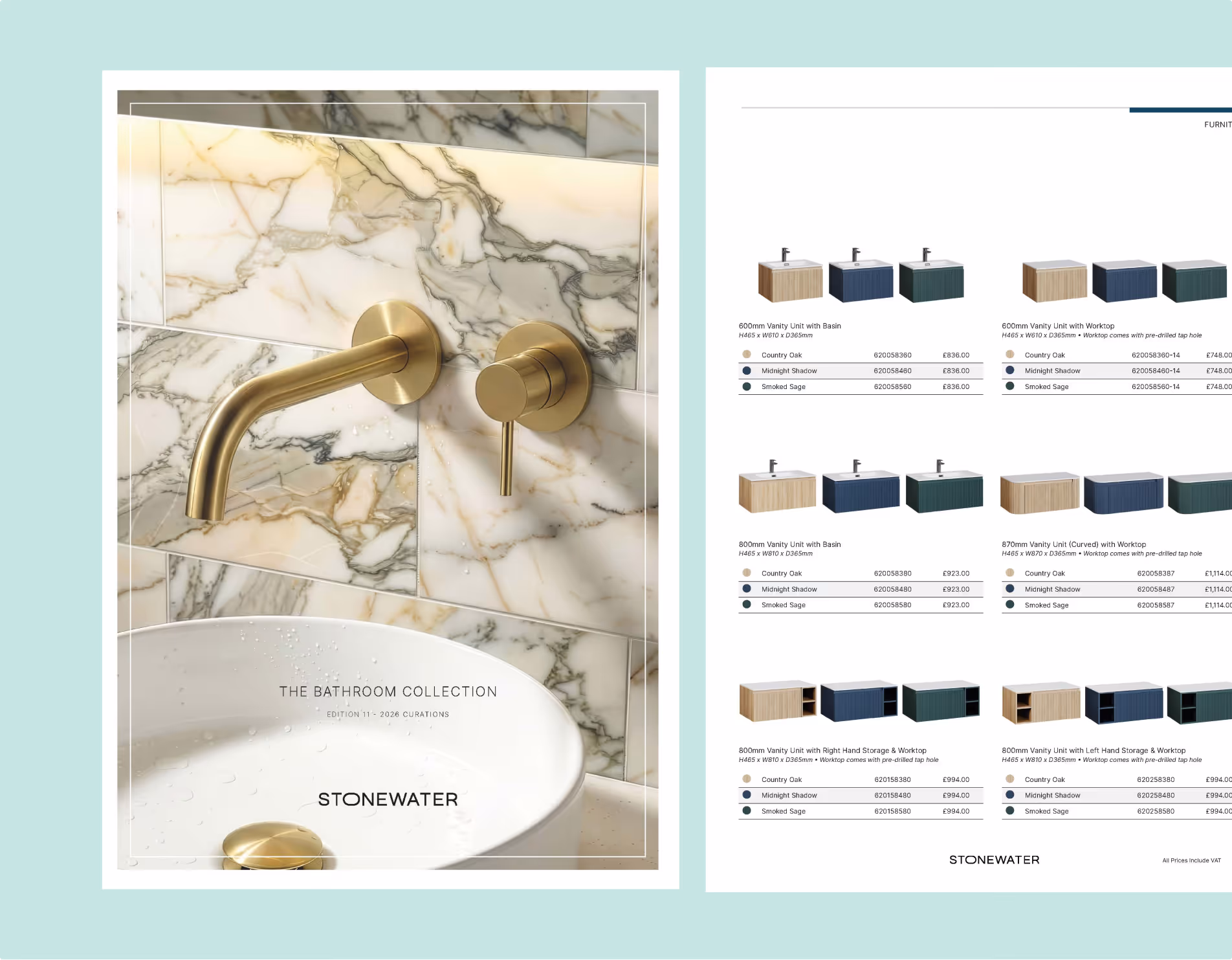 Brochure and product catalogue designed for Stonewater to present its bathroom collection and specifications in a clear, premium format.