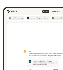 Dashboard interface designed for Vera, enabling businesses to manage government obligations and automate key tasks through AI-powered services.