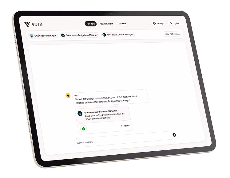 Vera AI product interface displayed on a tablet, highlighting a six-month product design partnership.