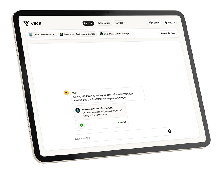 Vera AI product interface displayed on a tablet, highlighting a six-month product design partnership.
