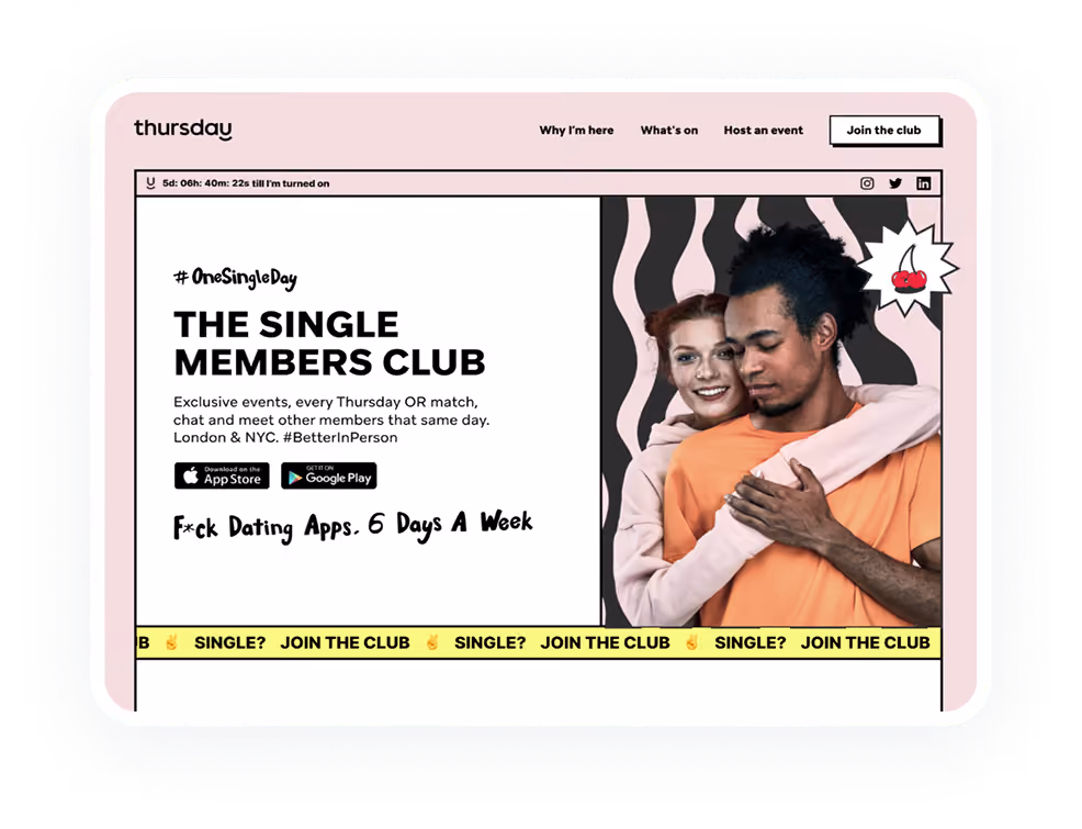 Thursday dating app website promoting The Single Members Club with bold editorial design and event-focused messaging.