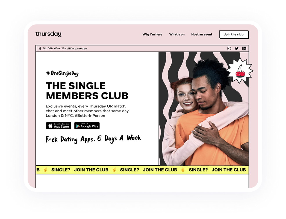 Thursday dating app website promoting The Single Members Club with bold editorial design and event-focused messaging.