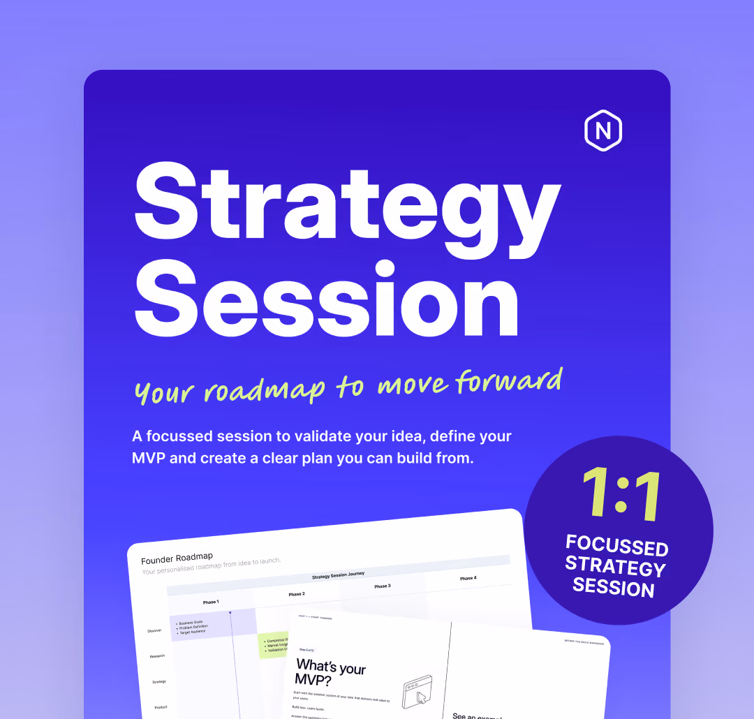 Strategy Session workbook showing a founder roadmap and MVP planning exercises.