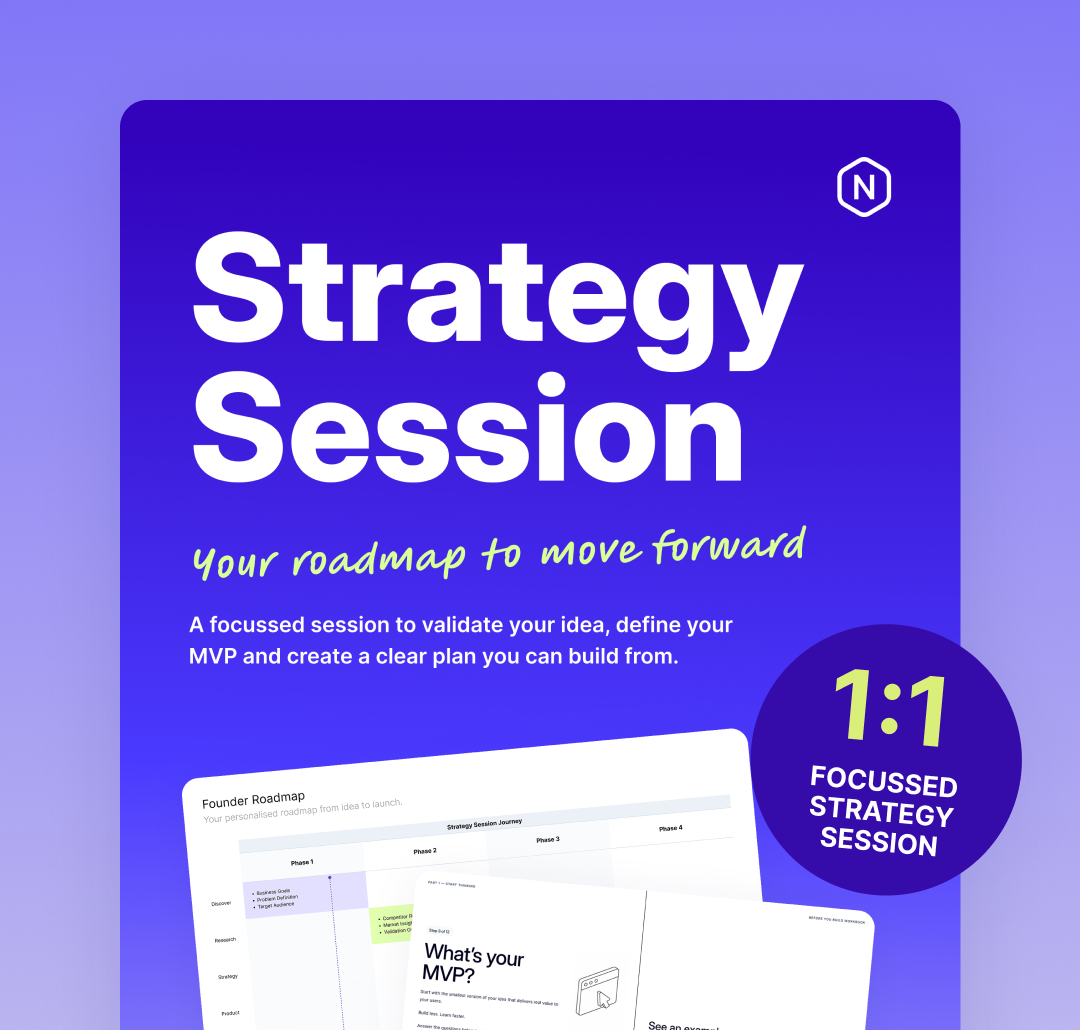 Strategy Session workbook showing a founder roadmap and MVP planning exercises.