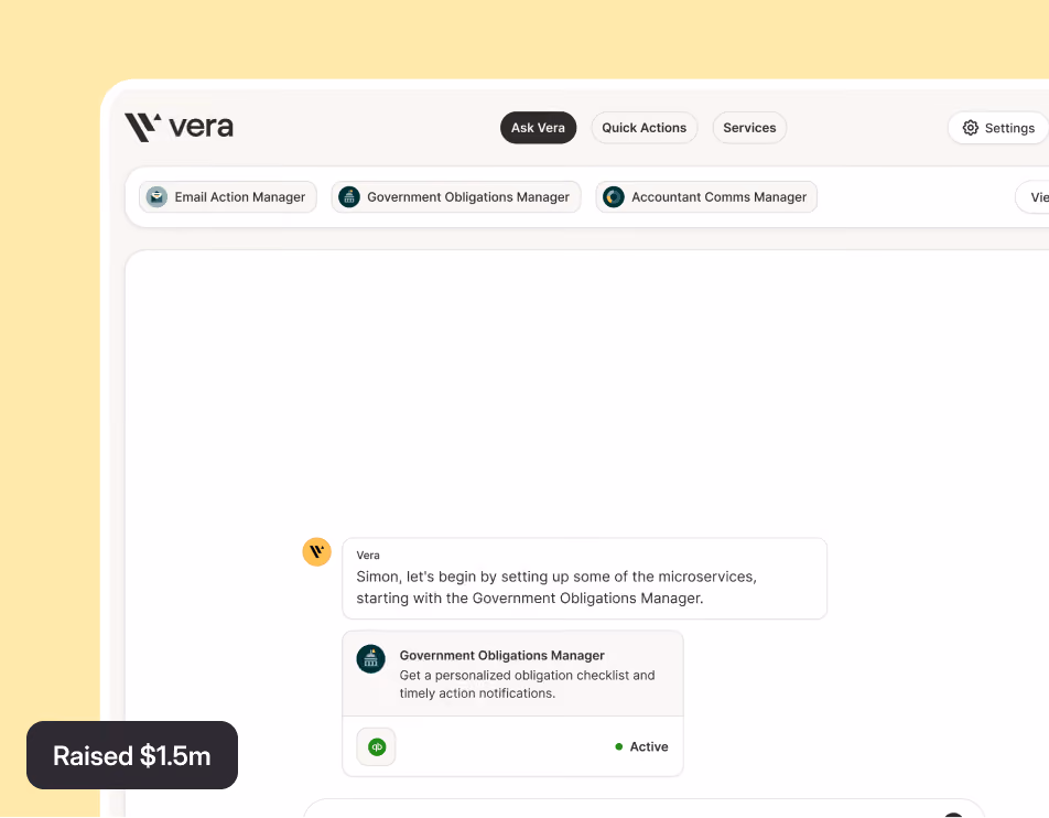Dashboard interface designed for Vera, enabling businesses to manage government obligations and automate key tasks through AI-powered services.