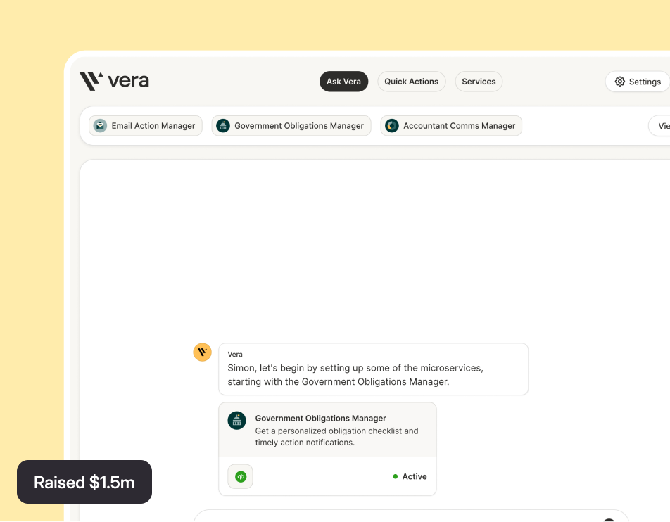Dashboard interface designed for Vera, enabling businesses to manage government obligations and automate key tasks through AI-powered services.